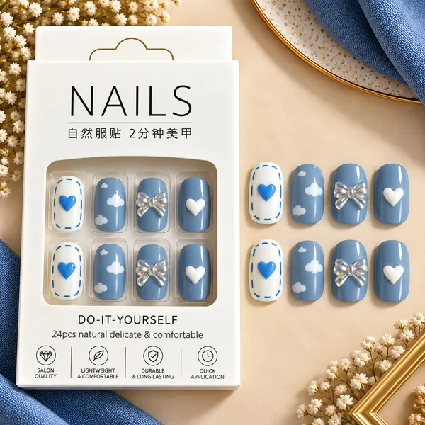 24_Pcs_Blue_Heart_Bow_Press_On_Nails_For_Women_Cute_Cloud_Heart_Iridescent_Bow_Design_Artificial_Nails_Glossy_Trendy_Diy_Manicure_Nail_Set