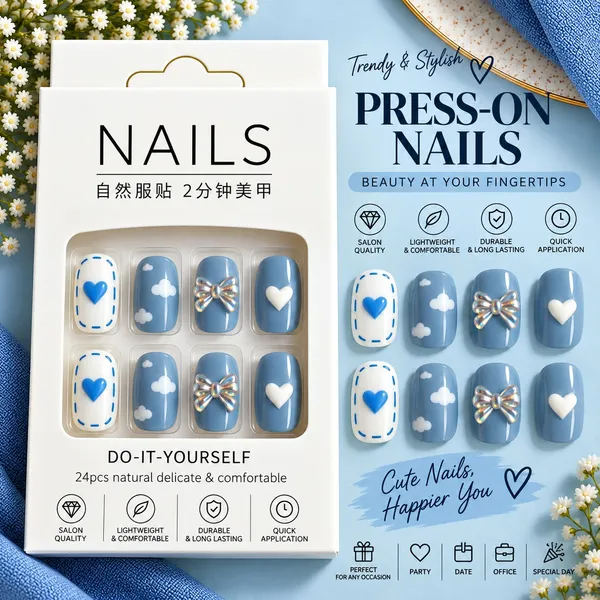 24_Pcs_Blue_Heart_Bow_Press_On_Nails_For_Women_Cute_Cloud_Heart_Iridescent_Bow_Design_Artificial_Nails_Glossy_Trendy_Diy_Manicure_Nail_Set