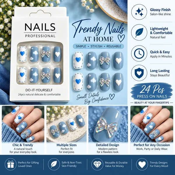 24_Pcs_Blue_Heart_Bow_Press_On_Nails_For_Women_Cute_Cloud_Heart_Iridescent_Bow_Design_Artificial_Nails_Glossy_Trendy_Diy_Manicure_Nail_Set