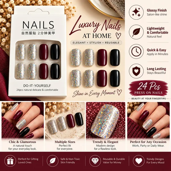 24_Pcs_Silver_Glitter_Burgundy_Black_Press_On_Nails_For_Women_Sparkling_Artificial_Nails_With_Glossy_Wine_Red_And_Black_Accents_Elegant_Diy_Nail_Art_Set