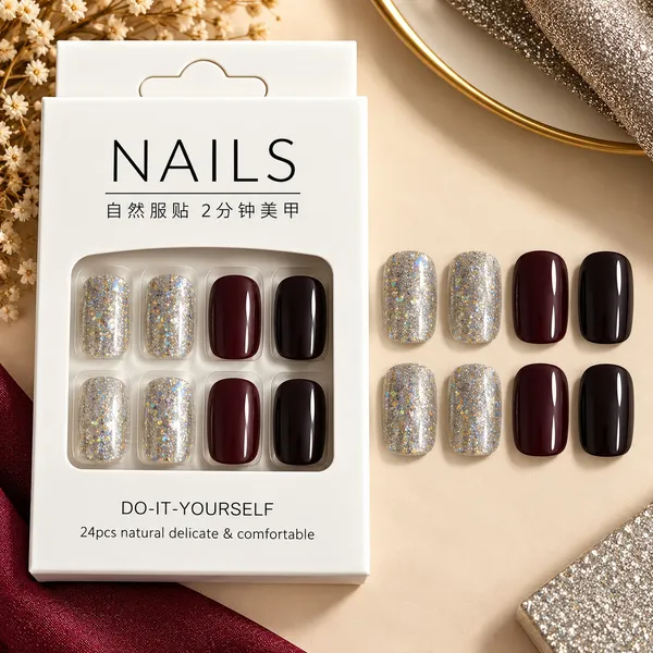 24_Pcs_Silver_Glitter_Burgundy_Black_Press_On_Nails_For_Women_Sparkling_Artificial_Nails_With_Glossy_Wine_Red_And_Black_Accents_Elegant_Diy_Nail_Art_Set