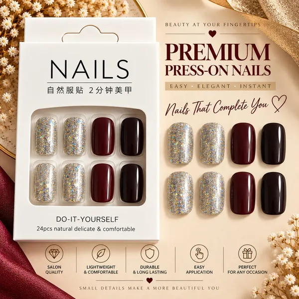 24_Pcs_Silver_Glitter_Burgundy_Black_Press_On_Nails_For_Women_Sparkling_Artificial_Nails_With_Glossy_Wine_Red_And_Black_Accents_Elegant_Diy_Nail_Art_Set