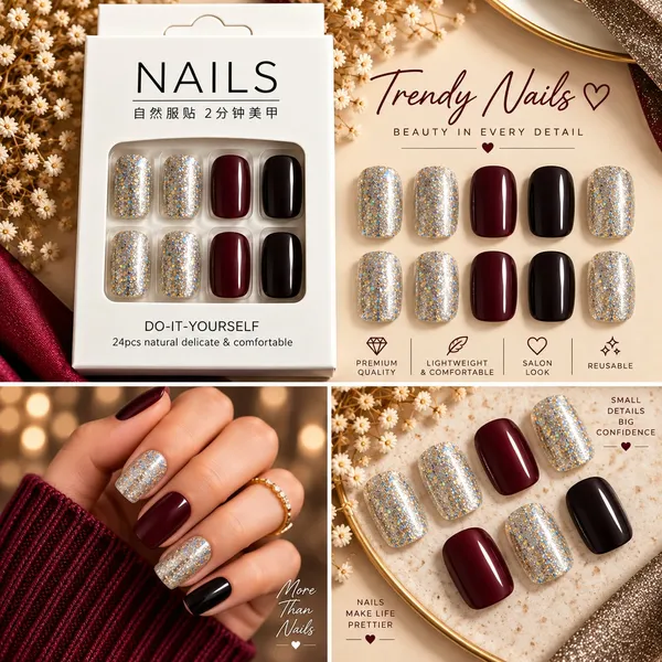 24_Pcs_Silver_Glitter_Burgundy_Black_Press_On_Nails_For_Women_Sparkling_Artificial_Nails_With_Glossy_Wine_Red_And_Black_Accents_Elegant_Diy_Nail_Art_Set