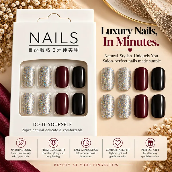 24_Pcs_Silver_Glitter_Burgundy_Black_Press_On_Nails_For_Women_Sparkling_Artificial_Nails_With_Glossy_Wine_Red_And_Black_Accents_Elegant_Diy_Nail_Art_Set