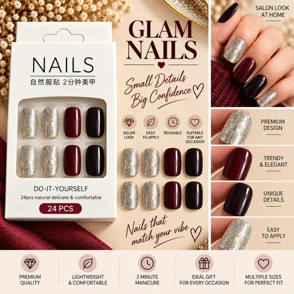 24_Pcs_Silver_Glitter_Burgundy_Black_Press_On_Nails_For_Women_Sparkling_Artificial_Nails_With_Glossy_Wine_Red_And_Black_Accents_Elegant_Diy_Nail_Art_Set