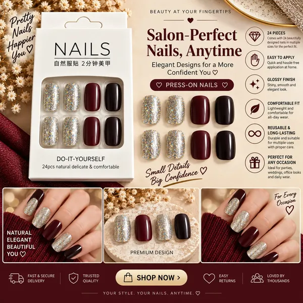 24_Pcs_Silver_Glitter_Burgundy_Black_Press_On_Nails_For_Women_Sparkling_Artificial_Nails_With_Glossy_Wine_Red_And_Black_Accents_Elegant_Diy_Nail_Art_Set