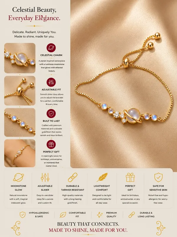 Elegant_Gold_Tone_Adjustable_Planet_Bracelet_For_Women_With_Saturn_Inspired_Centre_Design_Sparkling_Crystal_Accents_And_Blue_Moonstone_Style_Beads_Trendy_Fashion_Jewellery_For_Party_Casual_And_Everyday_Wear