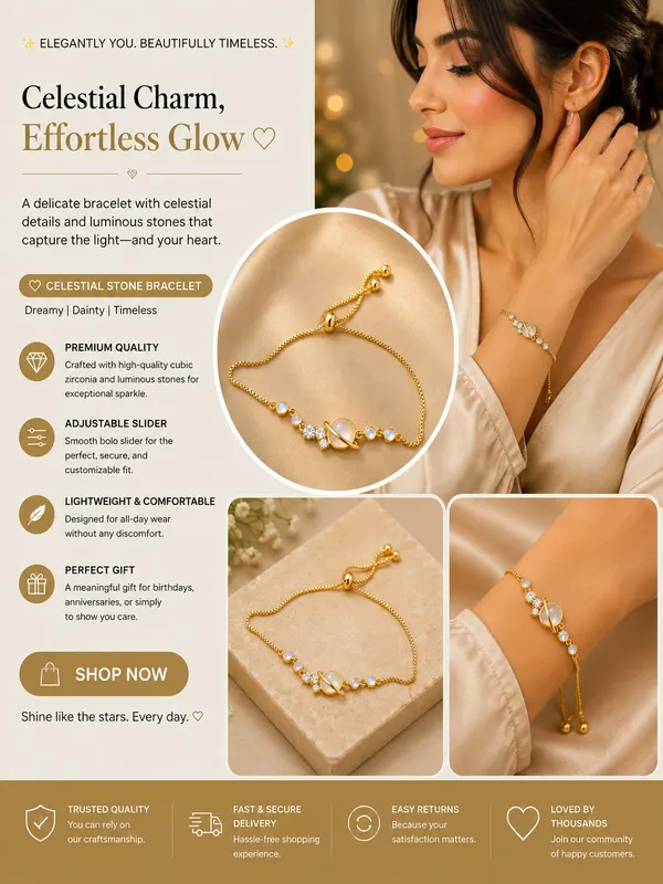 Elegant_Gold_Tone_Adjustable_Planet_Bracelet_For_Women_With_Saturn_Inspired_Centre_Design_Sparkling_Crystal_Accents_And_Blue_Moonstone_Style_Beads_Trendy_Fashion_Jewellery_For_Party_Casual_And_Everyday_Wear
