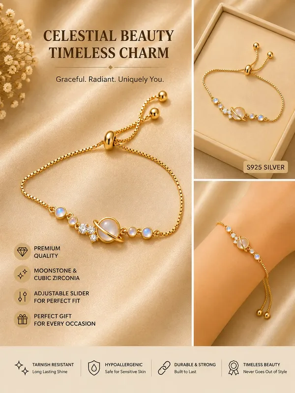 Elegant_Gold_Tone_Adjustable_Planet_Bracelet_For_Women_With_Saturn_Inspired_Centre_Design_Sparkling_Crystal_Accents_And_Blue_Moonstone_Style_Beads_Trendy_Fashion_Jewellery_For_Party_Casual_And_Everyday_Wear
