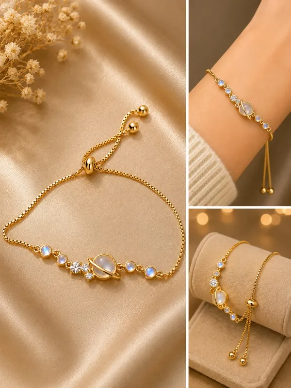 Elegant_Gold_Tone_Adjustable_Planet_Bracelet_For_Women_With_Saturn_Inspired_Centre_Design_Sparkling_Crystal_Accents_And_Blue_Moonstone_Style_Beads_Trendy_Fashion_Jewellery_For_Party_Casual_And_Everyday_Wear