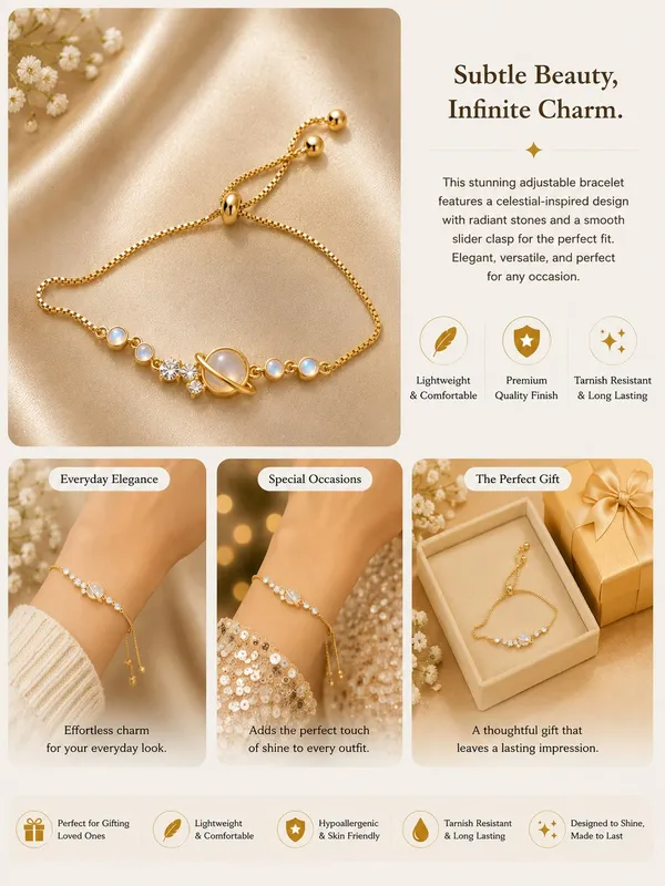 Elegant_Gold_Tone_Adjustable_Planet_Bracelet_For_Women_With_Saturn_Inspired_Centre_Design_Sparkling_Crystal_Accents_And_Blue_Moonstone_Style_Beads_Trendy_Fashion_Jewellery_For_Party_Casual_And_Everyday_Wear