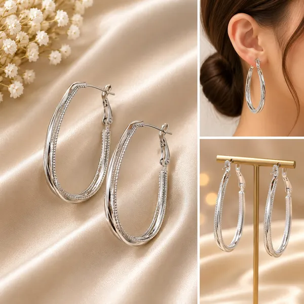 Elegant_Silver_Tone_Oval_Hoop_Earrings_For_Women_And_Girls_Double_Layered_Hoops_With_Delicate_Beaded_Edge_Detailing_Stylish_Minimalist_Statement_Earrings_For_Party_Wedding_Festive_Office_And_Everyday_Wear