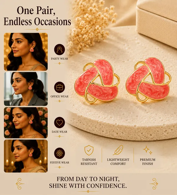 Elegant_Coral_Pink_Enamel_Statement_Stud_Earrings_For_Women_Gold_Tone_Geometric_Floral_Design_Earrings_Trendy_Fashion_Jewellery_For_Party_Office_Festive_And_Everyday_Wear