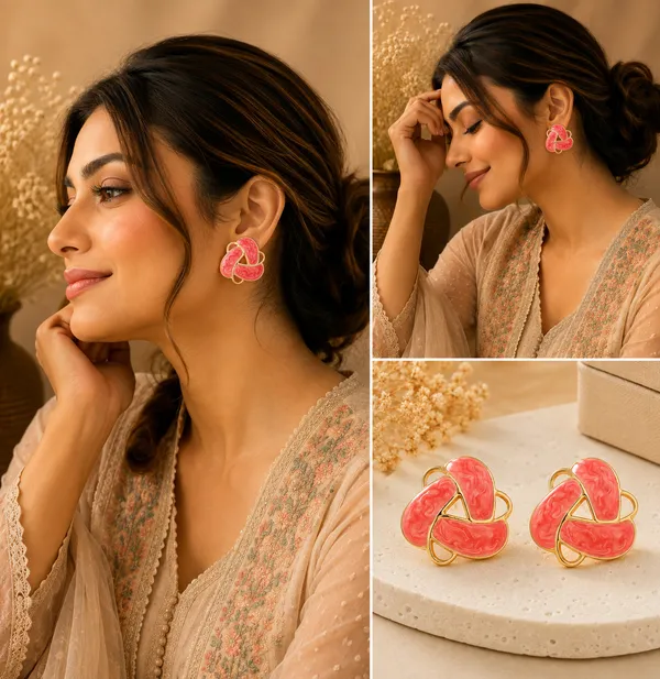 Elegant_Coral_Pink_Enamel_Statement_Stud_Earrings_For_Women_Gold_Tone_Geometric_Floral_Design_Earrings_Trendy_Fashion_Jewellery_For_Party_Office_Festive_And_Everyday_Wear