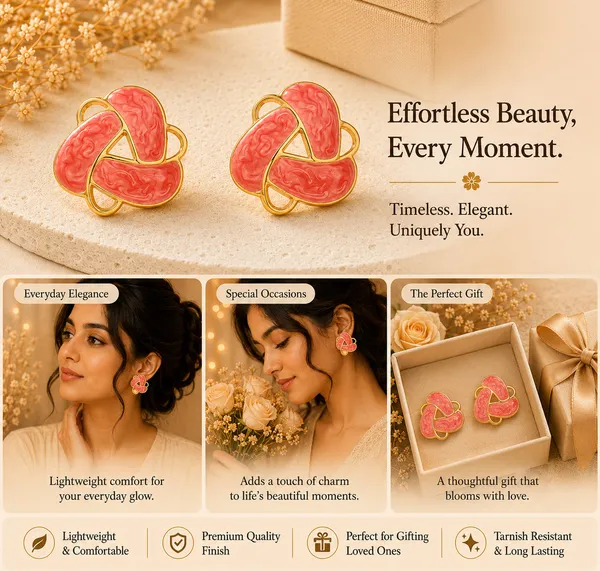 Elegant_Coral_Pink_Enamel_Statement_Stud_Earrings_For_Women_Gold_Tone_Geometric_Floral_Design_Earrings_Trendy_Fashion_Jewellery_For_Party_Office_Festive_And_Everyday_Wear
