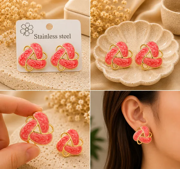 Elegant_Coral_Pink_Enamel_Statement_Stud_Earrings_For_Women_Gold_Tone_Geometric_Floral_Design_Earrings_Trendy_Fashion_Jewellery_For_Party_Office_Festive_And_Everyday_Wear
