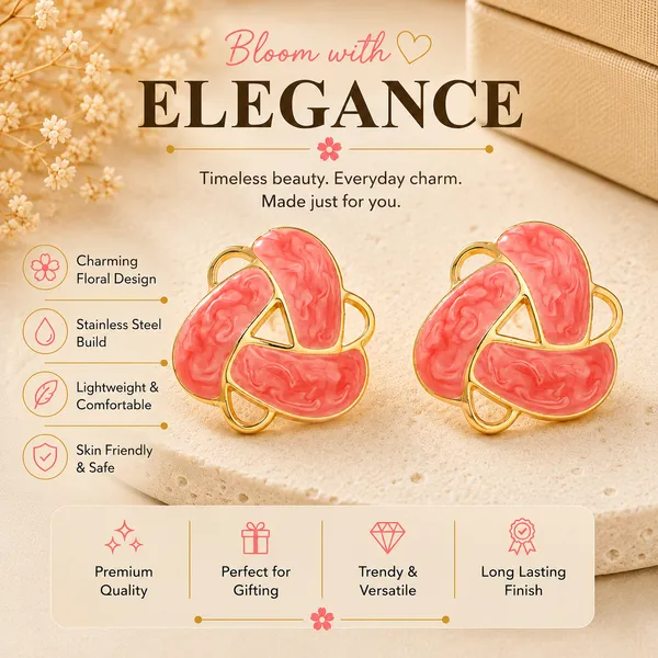Elegant_Coral_Pink_Enamel_Statement_Stud_Earrings_For_Women_Gold_Tone_Geometric_Floral_Design_Earrings_Trendy_Fashion_Jewellery_For_Party_Office_Festive_And_Everyday_Wear
