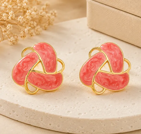 Elegant_Coral_Pink_Enamel_Statement_Stud_Earrings_For_Women_Gold_Tone_Geometric_Floral_Design_Earrings_Trendy_Fashion_Jewellery_For_Party_Office_Festive_And_Everyday_Wear