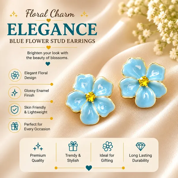Elegant_Blue_Floral_Stud_Earrings_For_Women_Gold_Tone_Enamel_Flower_Earrings_With_Glossy_Blue_Petals_And_Sparkling_Yellow_Center_Cute_Trendy_Fashion_Jewellery_For_Party_And_Daily_Wear