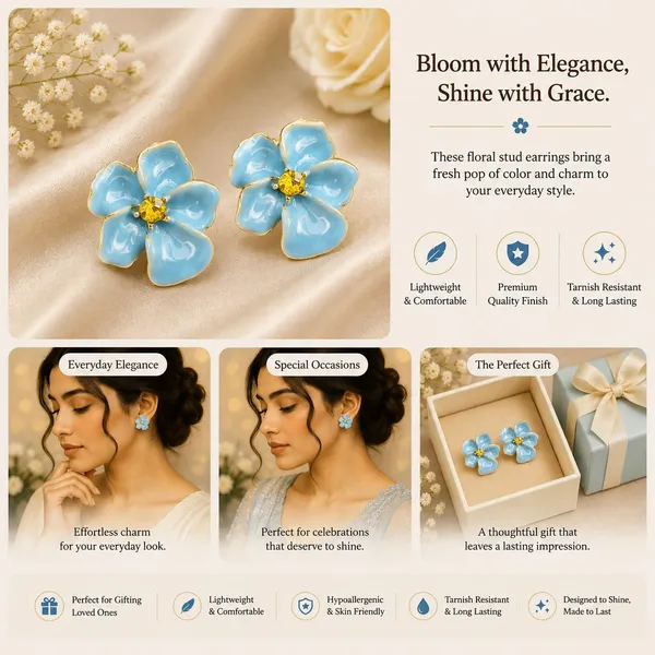 Elegant_Blue_Floral_Stud_Earrings_For_Women_Gold_Tone_Enamel_Flower_Earrings_With_Glossy_Blue_Petals_And_Sparkling_Yellow_Center_Cute_Trendy_Fashion_Jewellery_For_Party_And_Daily_Wear