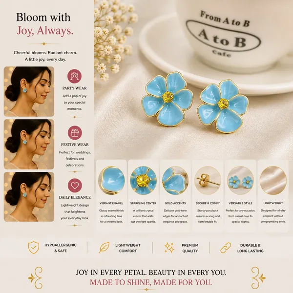 Elegant_Blue_Floral_Stud_Earrings_For_Women_Gold_Tone_Enamel_Flower_Earrings_With_Glossy_Blue_Petals_And_Sparkling_Yellow_Center_Cute_Trendy_Fashion_Jewellery_For_Party_And_Daily_Wear