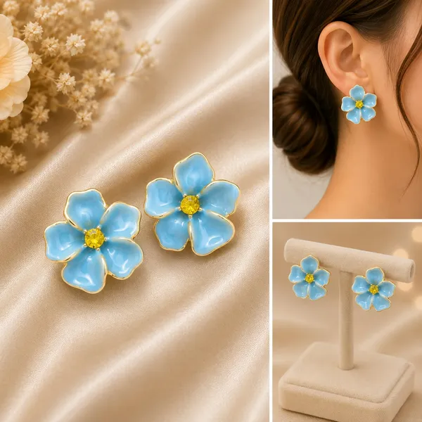 Elegant_Blue_Floral_Stud_Earrings_For_Women_Gold_Tone_Enamel_Flower_Earrings_With_Glossy_Blue_Petals_And_Sparkling_Yellow_Center_Cute_Trendy_Fashion_Jewellery_For_Party_And_Daily_Wear