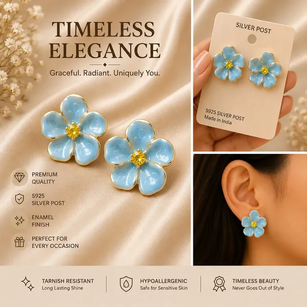 Elegant_Blue_Floral_Stud_Earrings_For_Women_Gold_Tone_Enamel_Flower_Earrings_With_Glossy_Blue_Petals_And_Sparkling_Yellow_Center_Cute_Trendy_Fashion_Jewellery_For_Party_And_Daily_Wear