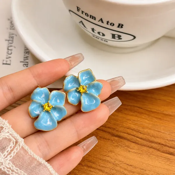 Elegant_Blue_Floral_Stud_Earrings_For_Women_Gold_Tone_Enamel_Flower_Earrings_With_Glossy_Blue_Petals_And_Sparkling_Yellow_Center_Cute_Trendy_Fashion_Jewellery_For_Party_And_Daily_Wear