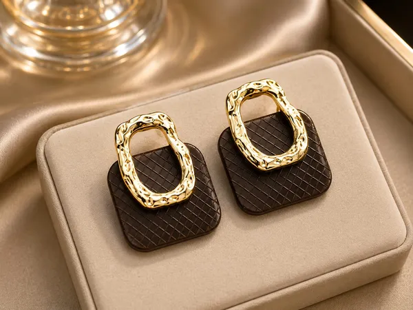 Brown_Grid_Patterned_Earrings_With_Gold_Metal_Frame_For_Women_Fashion_Statement_For_Everyday_And_Party_Occasions