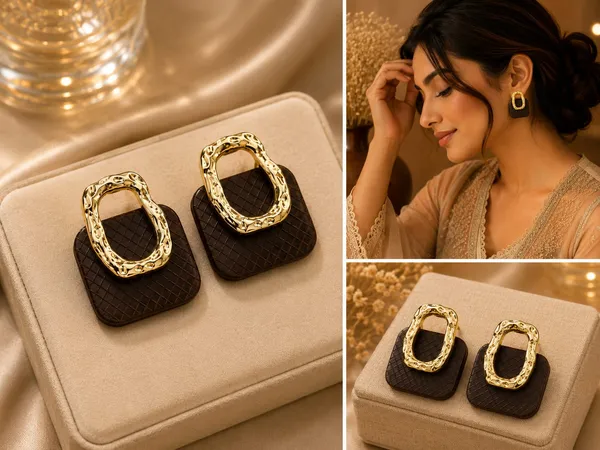 Brown_Grid_Patterned_Earrings_With_Gold_Metal_Frame_For_Women_Fashion_Statement_For_Everyday_And_Party_Occasions