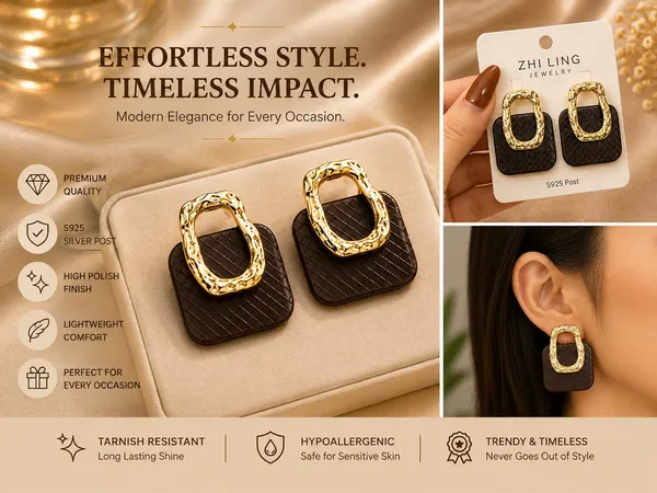 Brown_Grid_Patterned_Earrings_With_Gold_Metal_Frame_For_Women_Fashion_Statement_For_Everyday_And_Party_Occasions