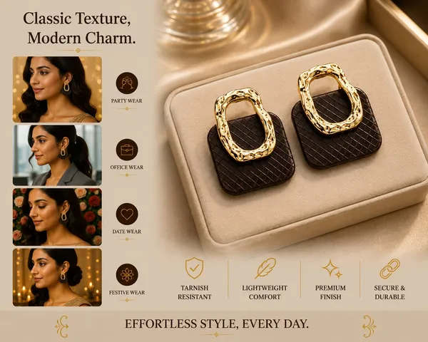 Brown_Grid_Patterned_Earrings_With_Gold_Metal_Frame_For_Women_Fashion_Statement_For_Everyday_And_Party_Occasions