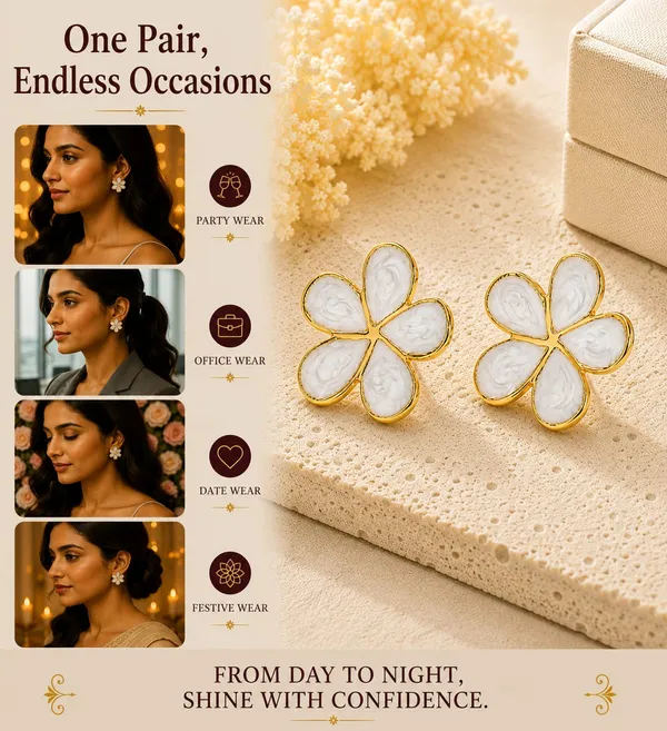 Elegant_White_Flower_Stud_Earrings_For_Women_Gold_Tone_Five_Petal_Floral_Design_With_Textured_Finish_Stylish_Minimalist_Fashion_Jewellery_For_Party_Office_Festive_And_Everyday_Wear