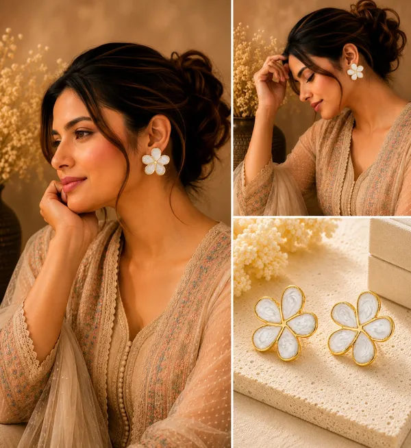 Elegant_White_Flower_Stud_Earrings_For_Women_Gold_Tone_Five_Petal_Floral_Design_With_Textured_Finish_Stylish_Minimalist_Fashion_Jewellery_For_Party_Office_Festive_And_Everyday_Wear
