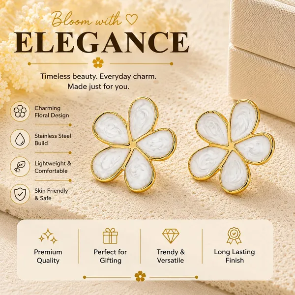 Elegant_White_Flower_Stud_Earrings_For_Women_Gold_Tone_Five_Petal_Floral_Design_With_Textured_Finish_Stylish_Minimalist_Fashion_Jewellery_For_Party_Office_Festive_And_Everyday_Wear