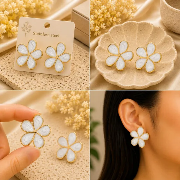 Elegant_White_Flower_Stud_Earrings_For_Women_Gold_Tone_Five_Petal_Floral_Design_With_Textured_Finish_Stylish_Minimalist_Fashion_Jewellery_For_Party_Office_Festive_And_Everyday_Wear