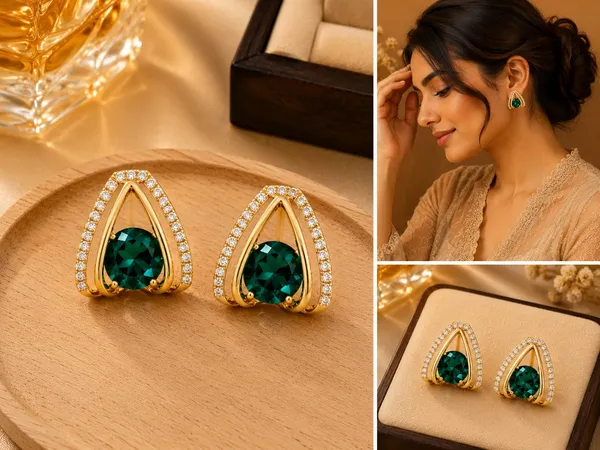 Gold_Plated_Earrings_With_Green_Stones_For_Women_Formal_With_Teardrop_Design_And_White_Stones