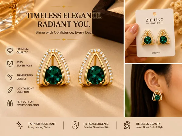 Gold_Plated_Earrings_With_Green_Stones_For_Women_Formal_With_Teardrop_Design_And_White_Stones