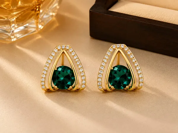 Gold_Plated_Earrings_With_Green_Stones_For_Women_Formal_With_Teardrop_Design_And_White_Stones