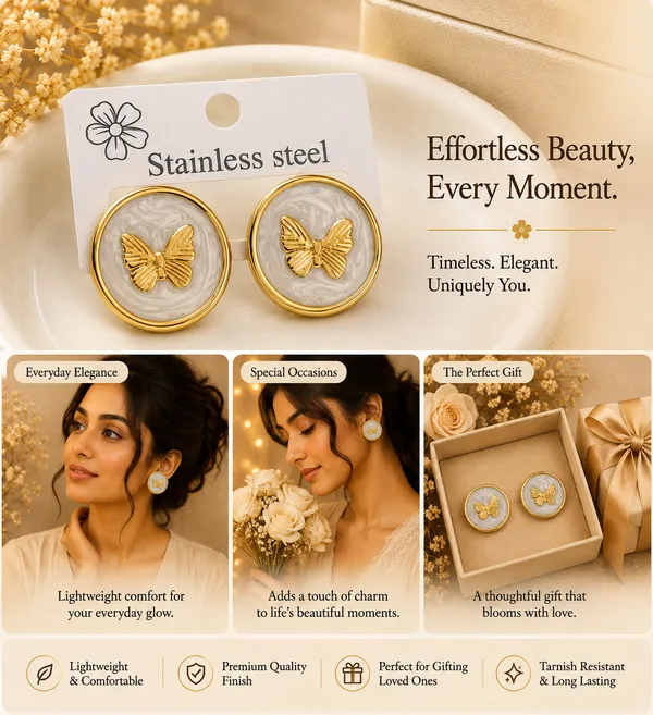 Elegant_White_Butterfly_Stud_Earrings_For_Women_Gold_Tone_Round_Floral_Inspired_Design_With_Textured_White_Finish_Stylish_Fashion_Jewellery_For_Party_Office_Festive_And_Everyday_Wear