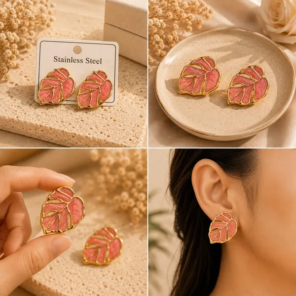 Elegant_Pink_Leaf_Shape_Stud_Earrings_For_Women_Gold_Tone_Floral_Leaf_Design_Stainless_Steel_Fashion_Jewellery_Stylish_Statement_Earrings_For_Girls_Party_Wear_Festive_And_Everyday_Accessories