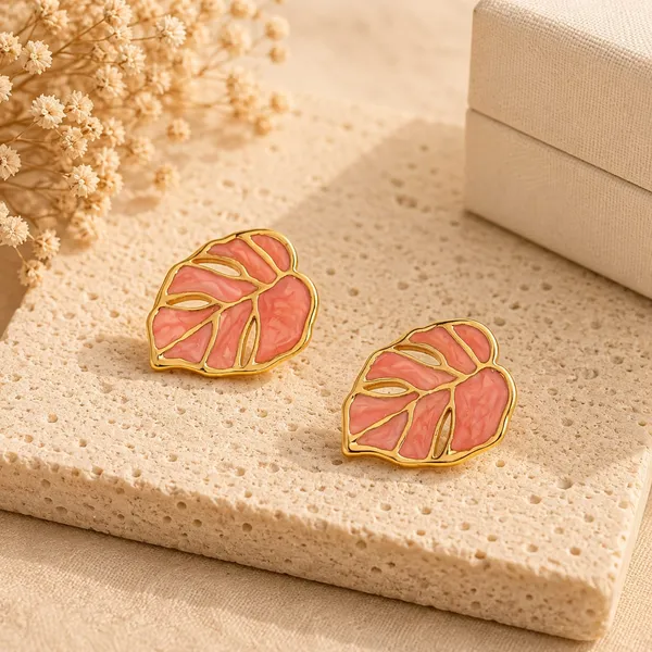 Elegant_Pink_Leaf_Shape_Stud_Earrings_For_Women_Gold_Tone_Floral_Leaf_Design_Stainless_Steel_Fashion_Jewellery_Stylish_Statement_Earrings_For_Girls_Party_Wear_Festive_And_Everyday_Accessories