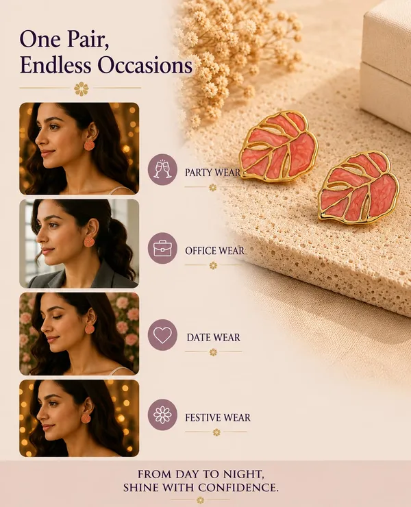 Elegant_Pink_Leaf_Shape_Stud_Earrings_For_Women_Gold_Tone_Floral_Leaf_Design_Stainless_Steel_Fashion_Jewellery_Stylish_Statement_Earrings_For_Girls_Party_Wear_Festive_And_Everyday_Accessories
