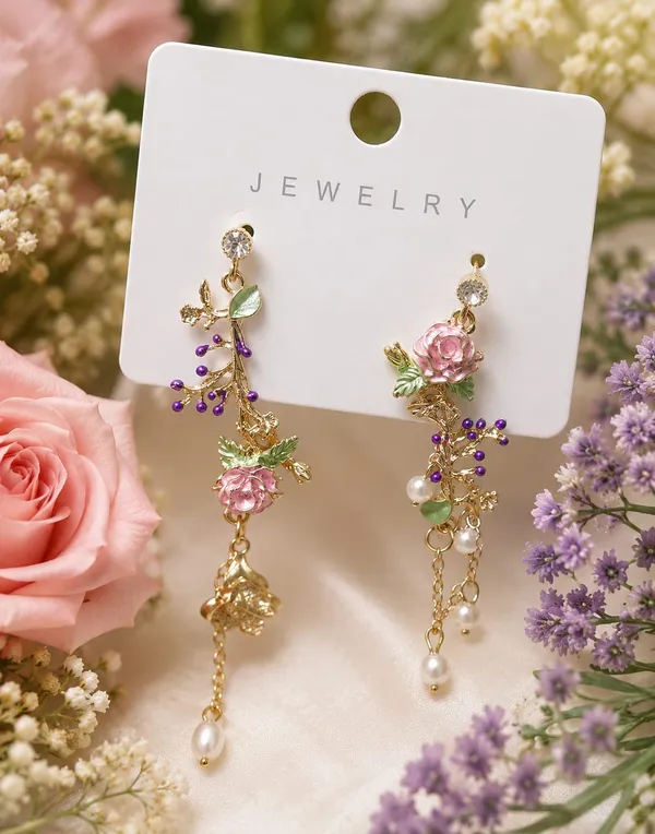 Elegant_Floral_Enamel_Long_Drop_Earrings_For_Women_Gold_Tone_Rose_Pearl_Beaded_Statement_Jewellery_For_Party_Wedding_Festive_And_Ethnic_Wear