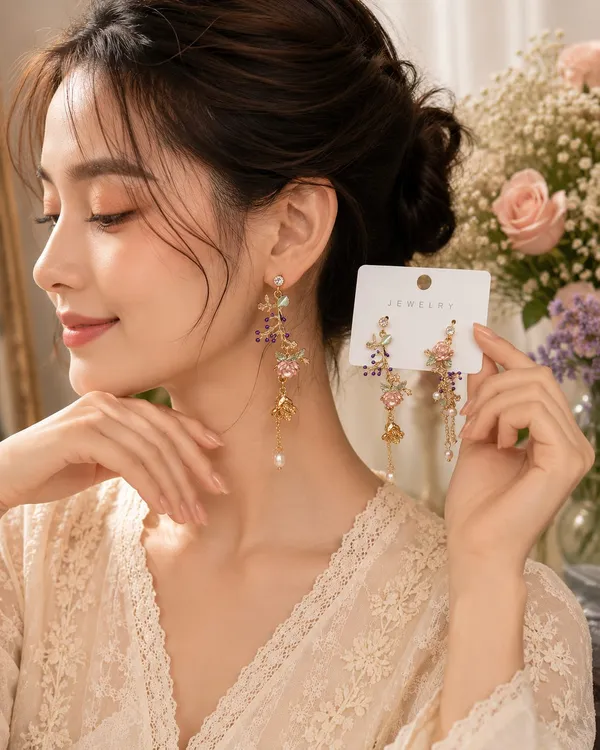 Elegant_Floral_Enamel_Long_Drop_Earrings_For_Women_Gold_Tone_Rose_Pearl_Beaded_Statement_Jewellery_For_Party_Wedding_Festive_And_Ethnic_Wear