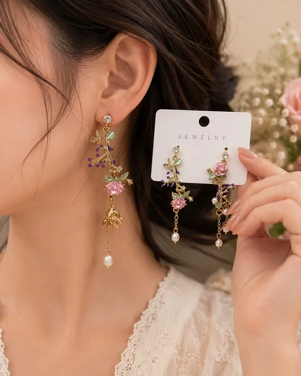 Elegant_Floral_Enamel_Long_Drop_Earrings_For_Women_Gold_Tone_Rose_Pearl_Beaded_Statement_Jewellery_For_Party_Wedding_Festive_And_Ethnic_Wear