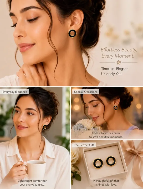 Elegant_Black_Enamel_Circle_Stud_Earrings_For_Women_Gold_Tone_Round_Hoop_Inspired_Minimalist_Earrings_Stylish_Contemporary_Fashion_Jewellery_For_Party_Office_Festive_And_Everyday_Wear