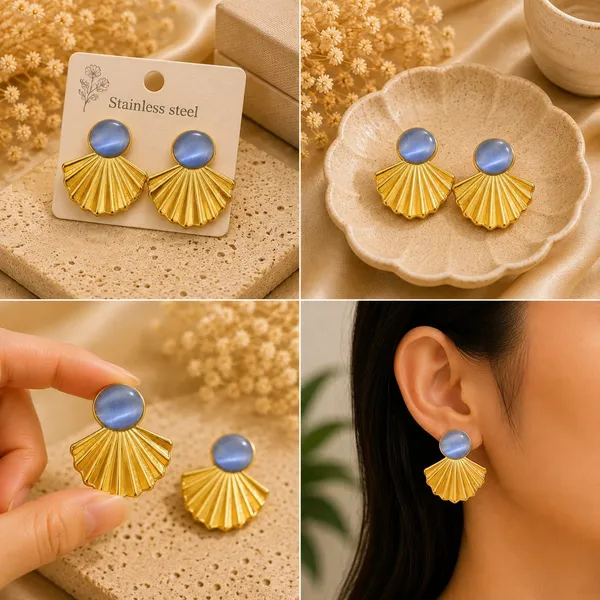 Gold_Tone_Shell_Fan_Earrings_With_Blue_Cat_Eye_Stone_For_Women_Elegant_Statement_Stud_Earrings_Trendy_Fashion_Jewellery_For_Party_Festive_And_Casual_Wear