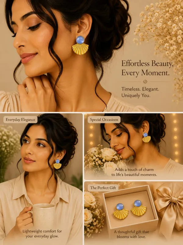 Gold_Tone_Shell_Fan_Earrings_With_Blue_Cat_Eye_Stone_For_Women_Elegant_Statement_Stud_Earrings_Trendy_Fashion_Jewellery_For_Party_Festive_And_Casual_Wear