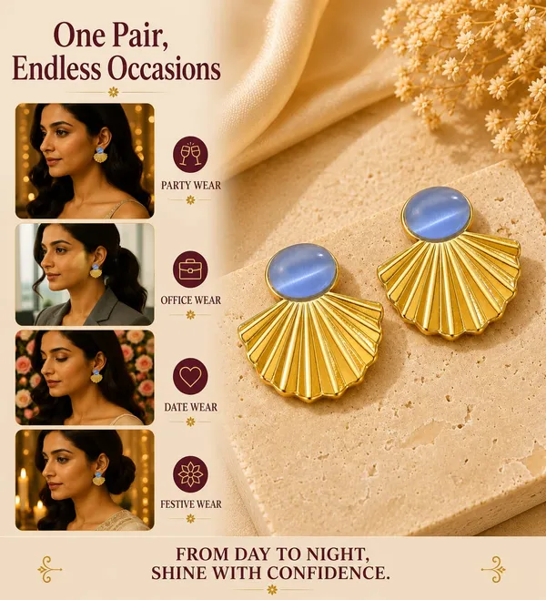 Gold_Tone_Shell_Fan_Earrings_With_Blue_Cat_Eye_Stone_For_Women_Elegant_Statement_Stud_Earrings_Trendy_Fashion_Jewellery_For_Party_Festive_And_Casual_Wear